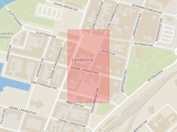 Karta som med röd fyrkant ramar in Rådhusgatan, Gryta, Landskrona, Skåne län