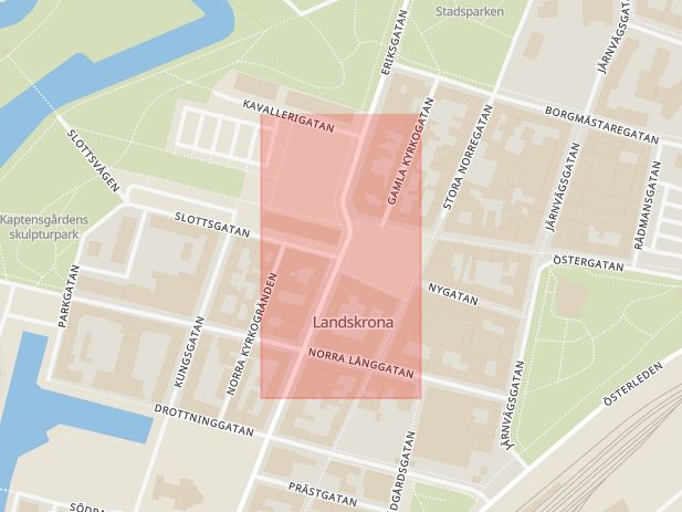 Karta som med röd fyrkant ramar in Slottsgatan, Rådhustorget, Landskrona, Skåne län