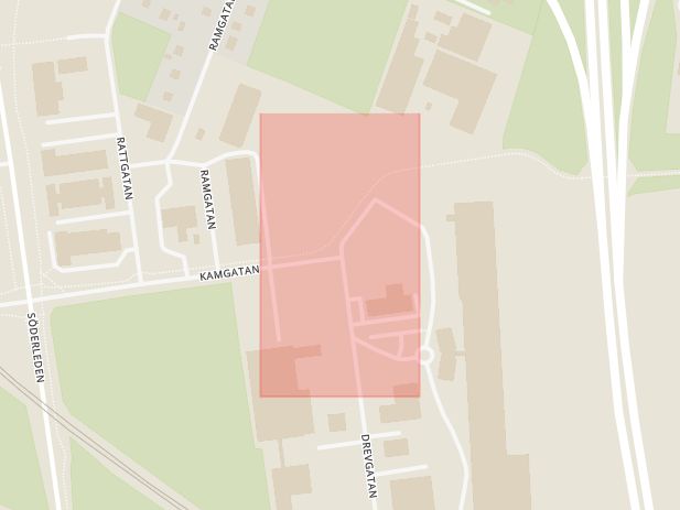 Karta som med röd fyrkant ramar in Drevgatan, Kamgatan, Landskrona, Skåne län