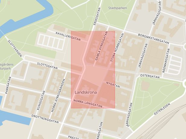 Karta som med röd fyrkant ramar in Rådhustorget, Landskrona, Skåne län