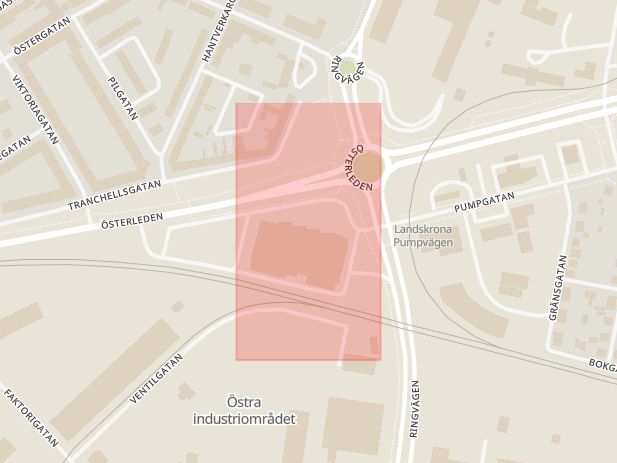 Karta som med röd fyrkant ramar in Föreningsgatan, Ringvägen, Landskrona, Skåne län