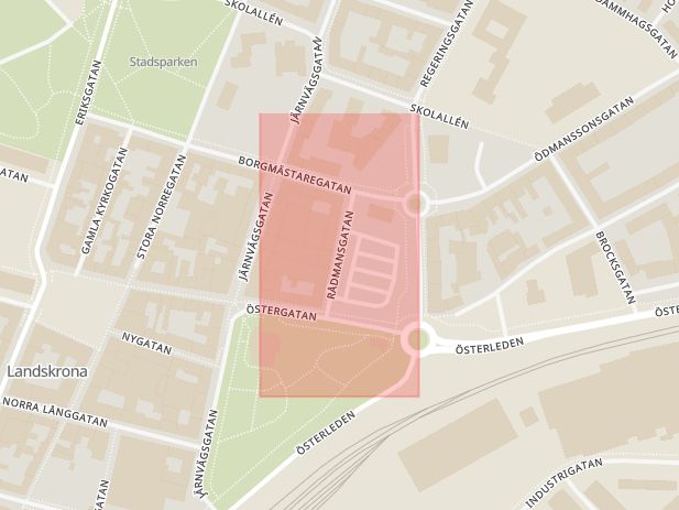 Karta som med röd fyrkant ramar in Rådmansgatan, Landskrona, Skåne län