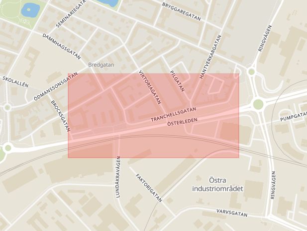 Karta som med röd fyrkant ramar in Tranchellsgatan, Landskrona, Skåne län