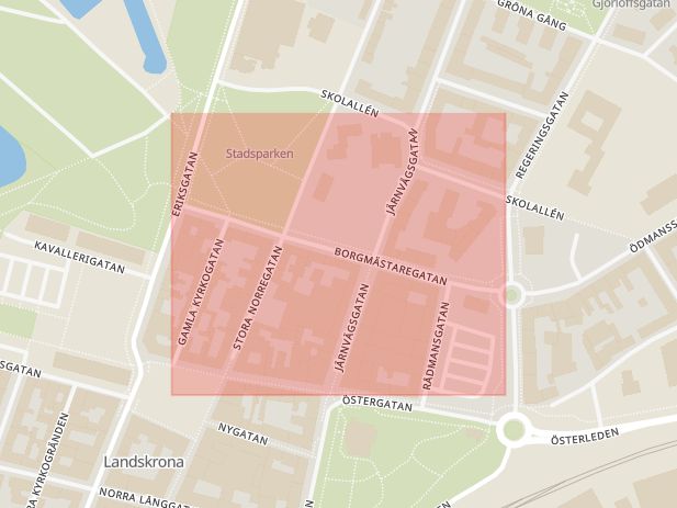 Karta som med röd fyrkant ramar in Borgmästargatan, Tranchellsgatan, Landskrona, Skåne län