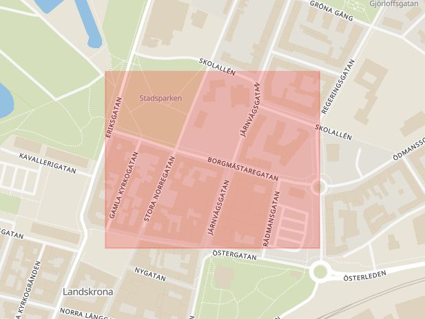 Karta som med röd fyrkant ramar in Borgmästargatan, Landskrona, Skåne län