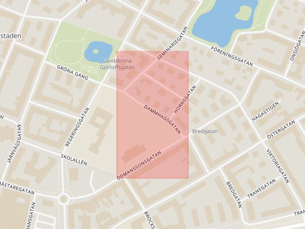 Karta som med röd fyrkant ramar in Dammhagsgatan, Landskrona, Skåne län