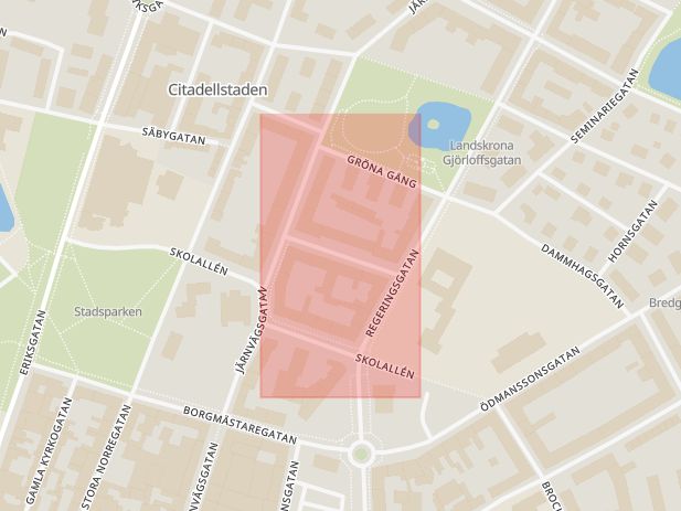 Karta som med röd fyrkant ramar in Sturegatan, Landskrona, Skåne län