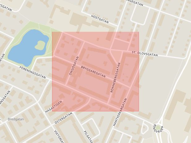 Karta som med röd fyrkant ramar in Bryggaregatan, Landskrona, Skåne län