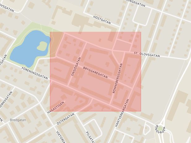 Karta som med röd fyrkant ramar in Bryggargatan, Landskrona, Skåne län
