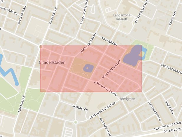 Karta som med röd fyrkant ramar in Gjörloffsgatan, Landskrona, Skåne län
