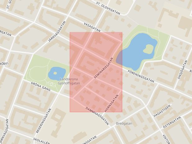 Karta som med röd fyrkant ramar in Seminariegatan, Landskrona, Skåne län