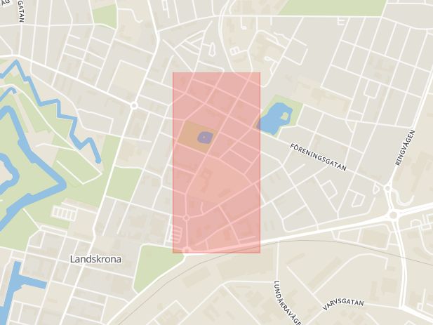 Karta som med röd fyrkant ramar in Regeringsgatan, Landskrona, Skåne län
