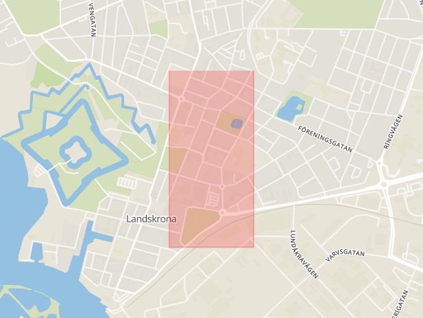 Karta som med röd fyrkant ramar in Järnvägsgatan, Landskrona, Skåne län