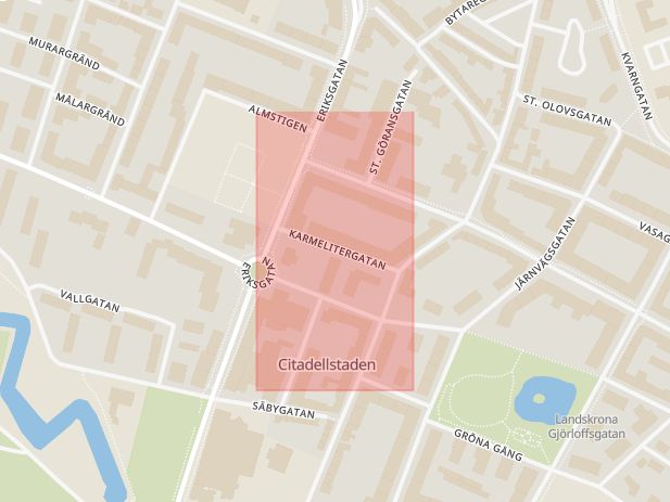 Karta som med röd fyrkant ramar in Karmelitergatan, Landskrona, Skåne län