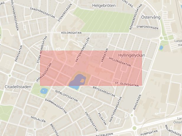 Karta som med röd fyrkant ramar in Sankt Olovsgatan, Landskrona, Skåne län