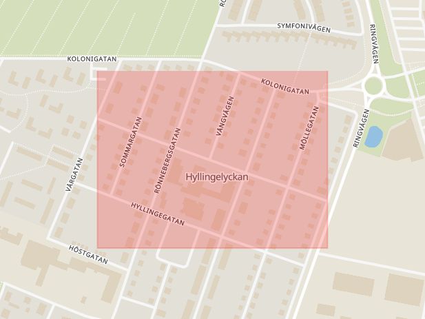 Karta som med röd fyrkant ramar in Vintergatan, Ödmanssonsgatan, Sommargatan, Landskrona, Skåne län