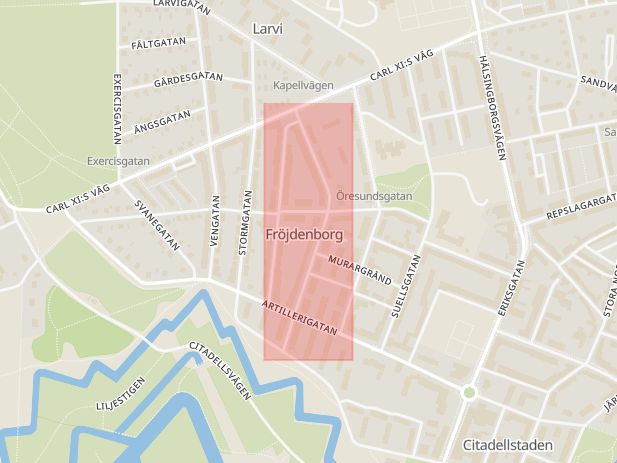 Karta som med röd fyrkant ramar in Timmermansgatan, Fröjdenborgsgatan, Landskrona, Skåne län