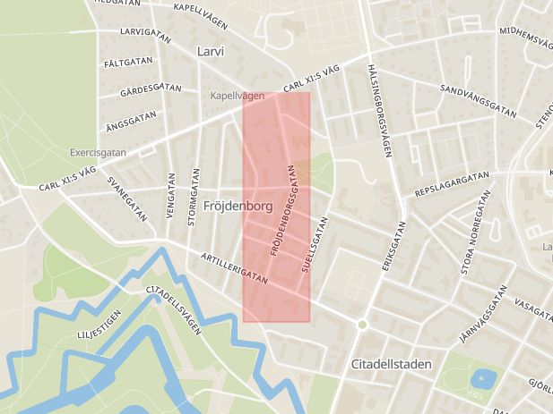 Karta som med röd fyrkant ramar in Fröjdenborgsgatan, Landskrona, Skåne län