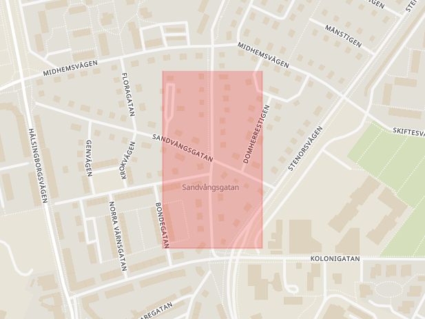 Karta som med röd fyrkant ramar in Sandvångsgatan, Stora Norregatan, Landskrona, Skåne län