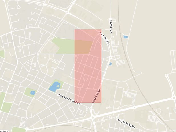 Karta som med röd fyrkant ramar in Rönnebergsgatan, Landskrona, Skåne län