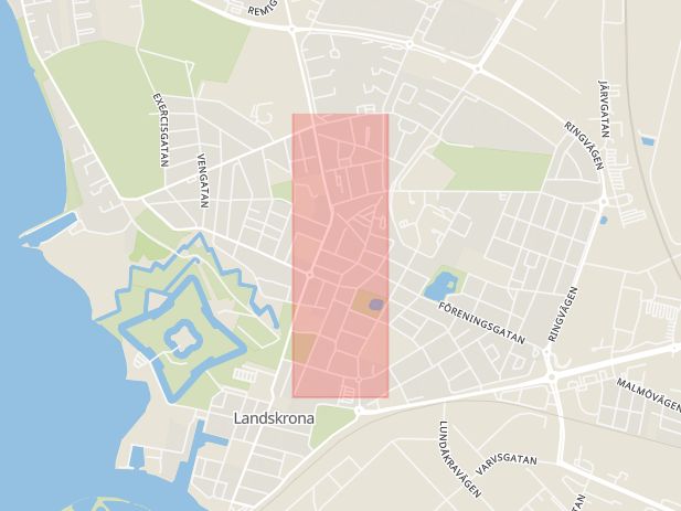 Karta som med röd fyrkant ramar in Stora Norregatan, Landskrona, Skåne län