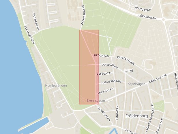 Karta som med röd fyrkant ramar in Exercisgatan, Landskrona, Skåne län