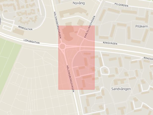 Karta som med röd fyrkant ramar in Ringvägen, Östervångsplan, Landskrona, Skåne län
