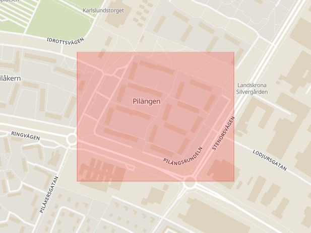 Karta som med röd fyrkant ramar in Regeringsgatan, Pilängsrundeln, Landskrona, Skåne län