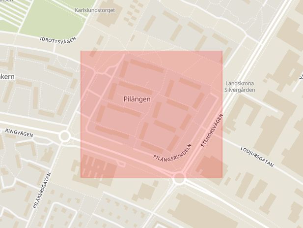Karta som med röd fyrkant ramar in Pilängsrundeln, Landskrona, Helsingborg, Skåne län