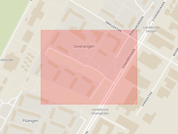 Karta som med röd fyrkant ramar in Silvergården, Pilängen, Landskrona, Skåne län