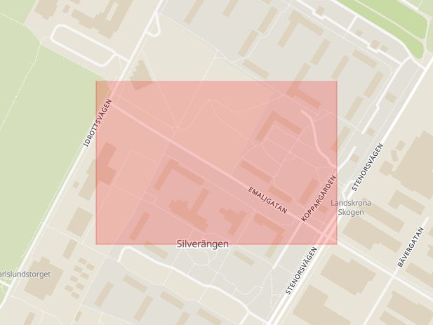 Karta som med röd fyrkant ramar in Emaljgatan, Landskrona, Skåne län