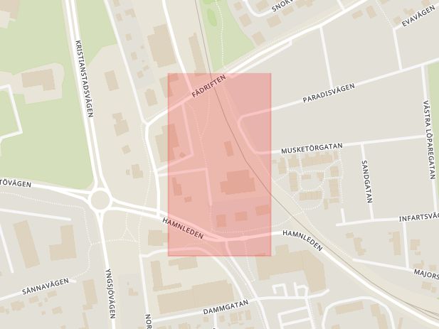 Karta som med röd fyrkant ramar in Åhus, Bowlinghallen, Kristianstad, Skåne län