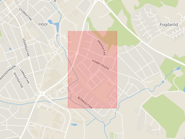 Karta som med röd fyrkant ramar in Krokgatan, Höör, Skåne län