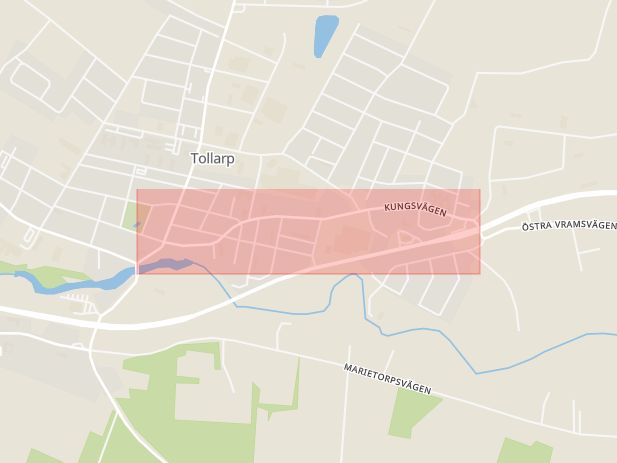 Karta som med röd fyrkant ramar in Tollarp, Kungsvägen, Kristianstad, Skåne län