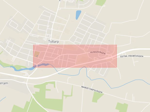 Karta som med röd fyrkant ramar in Kungsvägen, Tollarp, Kristianstad, Skåne län