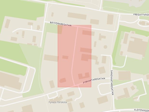 Karta som med röd fyrkant ramar in Tullvaktaregatan, Kristianstad, Skåne län