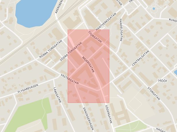 Karta som med röd fyrkant ramar in Mejerigatan, Höör, Skåne län