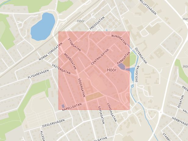Karta som med röd fyrkant ramar in Storgatan, Höör, Skåne län