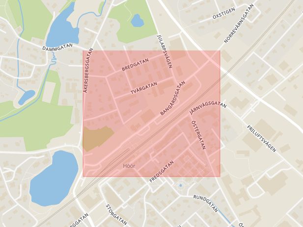Karta som med röd fyrkant ramar in Bangårdsgatan, Höör, Skåne län