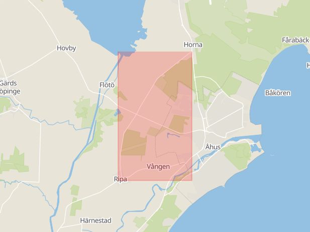 Karta som med röd fyrkant ramar in Horna, Åhus, Kristianstad, Skåne län