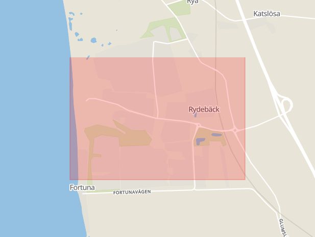 Karta som med röd fyrkant ramar in Rydebäck, Banckagatan, Höganäs, Skåne län