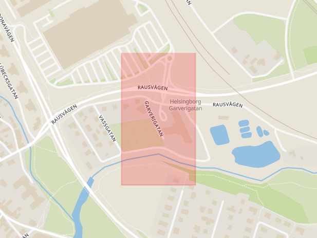 Karta som med röd fyrkant ramar in Garverigatan, Helsingborg, Skåne län