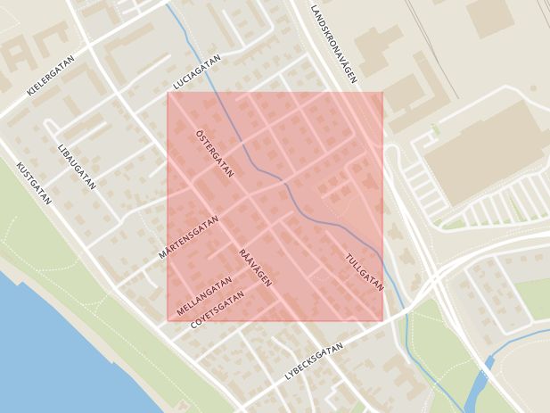 Karta som med röd fyrkant ramar in Östergatan, Helsingborg, Skåne län
