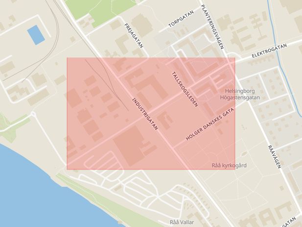 Karta som med röd fyrkant ramar in Högastensgatan, Helsingborg, Skåne län