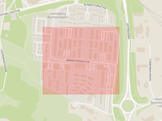 Karta som med röd fyrkant ramar in Bärnstensgatan, Helsingborg, Skåne län