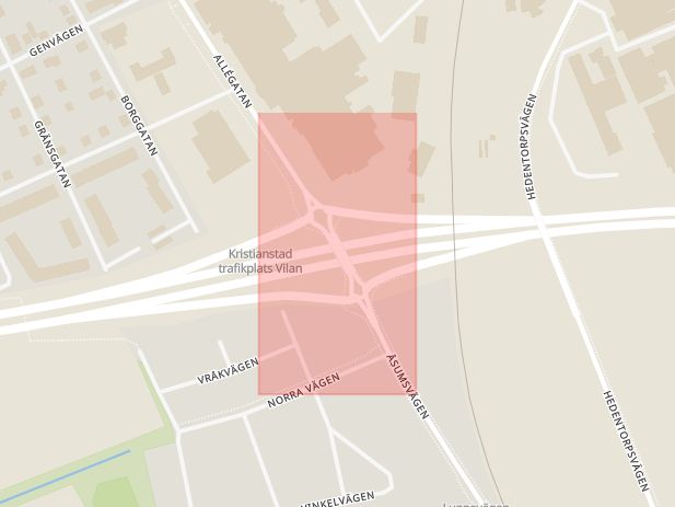 Karta som med röd fyrkant ramar in Trafikplats Vilan, Kristianstad, Skåne län