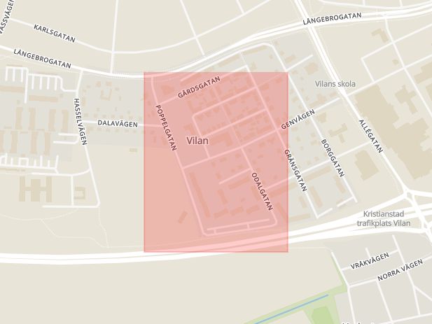 Karta som med röd fyrkant ramar in Poppelvägen, Kristianstad, Skåne län