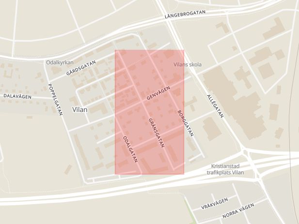Karta som med röd fyrkant ramar in Gränsgatan, Snapphanevägen, Kristianstad, Skåne län