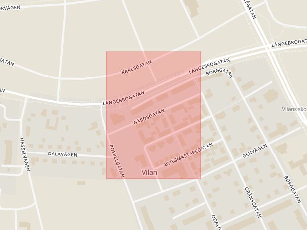 Karta som med röd fyrkant ramar in Gärdsgatan, Kristianstad, Skåne län