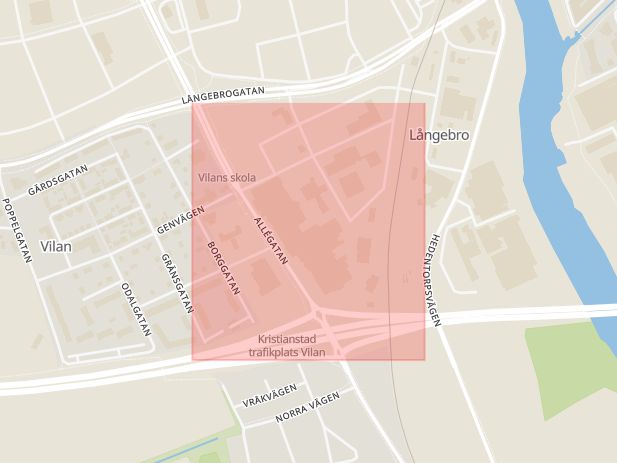 Karta som med röd fyrkant ramar in Allégatan, Kristianstad, Skåne län